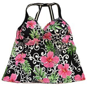 NWT FIT 4U WOMENS TANKINI Plus Sz 24W BLACK WHITE w PINK GREEN FLORAL PRINT 1143